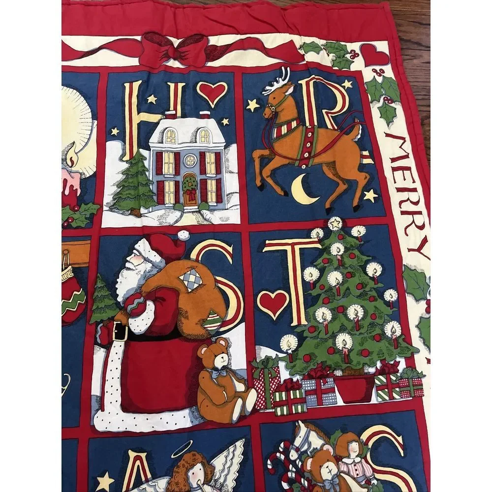 Vtg Quilted Baby blanket CHRISTMAS spell out Red Angels‎ Stockings Santa Striped